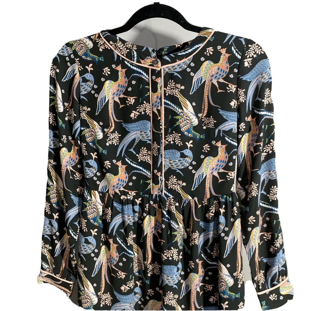 Ann Taylor Loft Dress 00P Shift Long Sleeve Button Front Black Peacock Unique XS